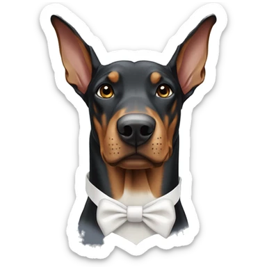 Doberman with a white bow sticker