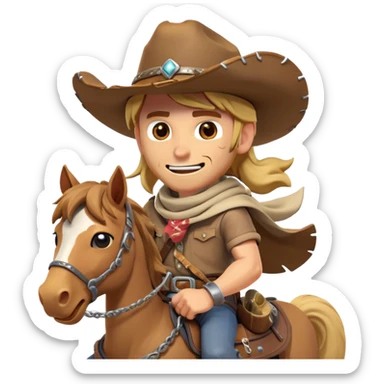 clash-of-clans-aesthetic_-cinematic-playful-cowboy-portrait-emoji, head-tilted with a roguish, cheeky grin and twinkling eyes, featuring a rugged, spirited build with a wide-brimmed cowboy hat and a weathered bandana on tan skin, riding a powerful galloping horse with dynamic flowing mane, reins gripped firmly in one hand and a lasso in the other, as dust swirls behind them in a vast desert landscape. sticker