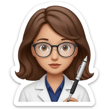 young women pharmacist studying science, wavy hair, with a pen and glasses sticker