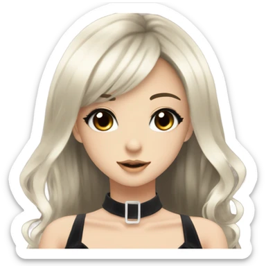 hime gyaru girl with LONG SILKY BLACK HAIR, with black satin halter top with chest, very pale skin and pretty brown monolid eyes sticker