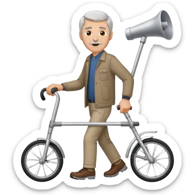 Caucasian Man using a walker with a bike horn on it sticker