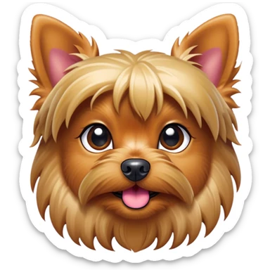 Cinematic Cute Yorkshire Terrier Portrait Emoji, Head perked with bright, twinkling eyes and a perky expression, showcasing a soft, silky fur in rich hues, simplified yet adorably detailed, glowing with a cheerful, inviting glow, high shine, exuding playful intelligence and spunky charm, styled with a gentle, whimsical outline, capturing the essence of a cute Yorkshire Terrier that appears ready to frolic off the screen with irresistible energy! sticker