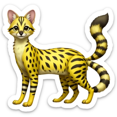Lanky slender beautiful elegant spotted hype-realistic, black-maned, vibrant yellow Genet-Serval-Cacomistle-Civet-fusion-hybrid-furry-fursona, full body, with a long puffy fluffy black-and-white-striped tail sticker