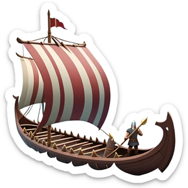 clash-of-clans-aesthetic_-cinematic-viking-longboat, rendered in a flat, bold vector style with minimal shading, featuring a striking dragon-headed prow slicing through icy, churning waters. shields on the side and vikings rowing The longboat’s intricately detailed shields and carved motifs evoke a sense of epic adventure and Nordic might, with billowing sails catching a dramatic, stormy sky backdrop. sticker