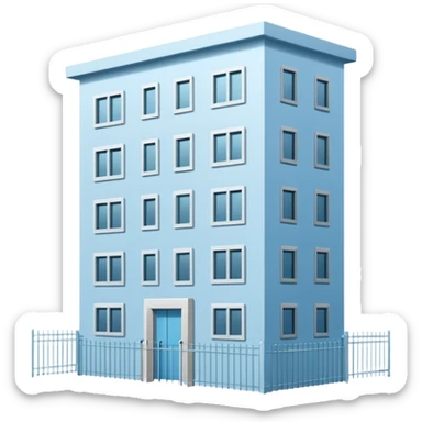 light blue rectangular 9-story apartment building surrounded by fence, closed courtyard, minimal flat vector icon, friendly clean design sticker