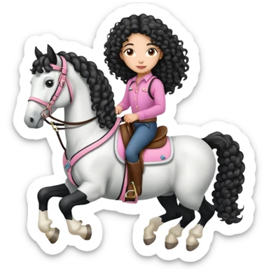 Realistic mixed race girl with long curly hair, riding a big black and white draft horse, wearing pink harness and saddle  sticker