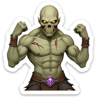 Cinematic Realistic WoW undead civilian Portrait, captured in a fierce, battle-ready stance, muscles taut beneath his tattered, earth-toned attire. His decayed, pallid skin and glowing eyes are rendered with intense lifelike detail and dynamic lighting, high shine, embodying the raw, relentless fury of an undead civilian in the heat of combat. sticker