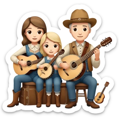 Icon for Country Music: The Carter Family, featuring a vintage scene with an acoustic guitar, banjo, and autoharp. Classic country aesthetics with warm, rustic tones, symbolizing their influence on folk and country music. Transparent background. sticker