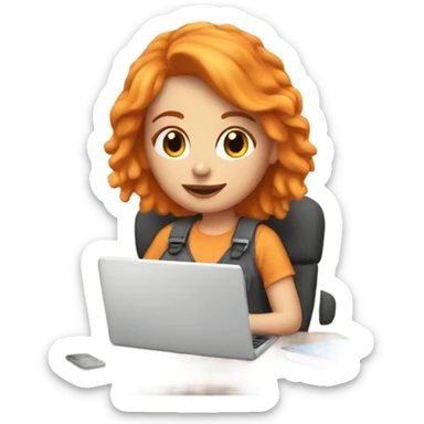Orange haired white girl working on a laptop in a cozy room sticker