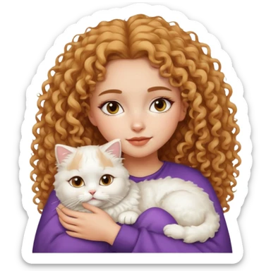 close-up of lightskin girl with frizzy curly hair, clean girl makeup, snuggling with a white Persian cat sticker