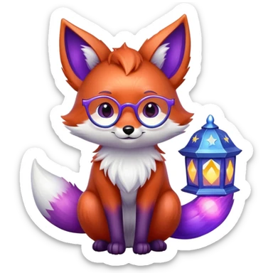 small magical fox with shimmering purple and blue fur, glowing fluffy tail, silver star on forehead, round glasses, tiny lantern, hugging a big red heart sticker