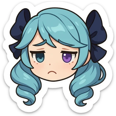 Gwen from League of Legends, chibi style, only head, borderless, right eye purple, both eyes same size, sad emote 1 sticker