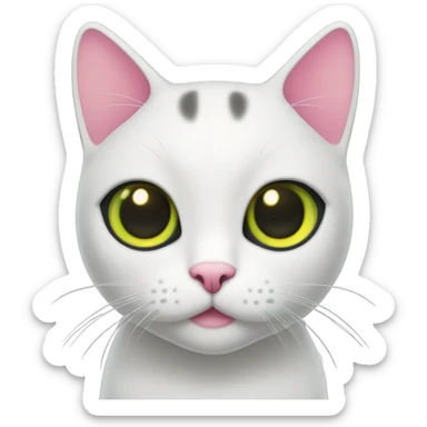 black shorthair cat with pink ears on the inside and eyes that are green around the pupil and yellow around the green collar sticker