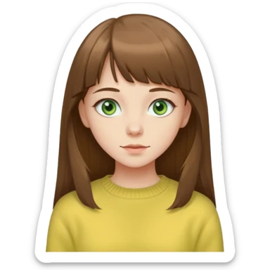 please create an emoji of a semi pale girl with long brown hair with a thin bang, green eyes, wearing a pastel yellow sweater sticker