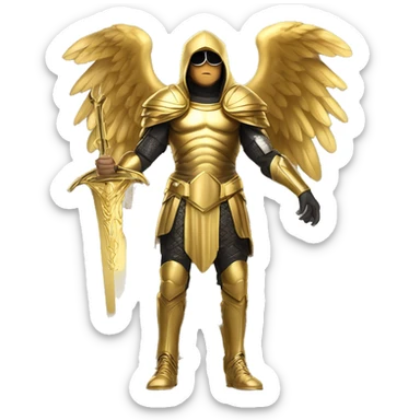 golden archangel, a guy of European appearance in black glasses, in full height, with golden wings and in golden armor, in his hand a golden sword, in a golden hood sticker