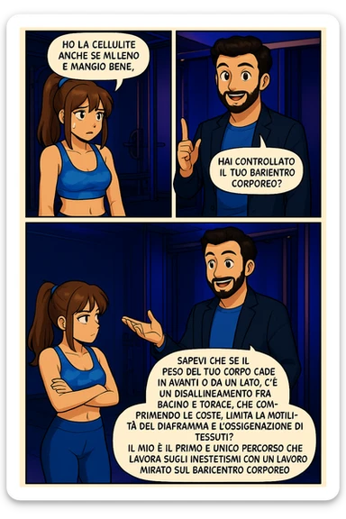 PRENDI SPUNTO DA QUESTO STILE FACENDO UN WEBTOON/MANGA:

LEI (DONNA): Ho la cellulite anche se mi alleno e mangio bene, cosa posso fare?

LUI (UOMO): Hai controllato il tuo baricentro corporeo?
LUI (UOMO): Sapevi che se il peso del tuo corpo cade in avanti o da un lato, c’è un disallineamento fra bacino e torace, che comprimendo le coste, limita la motilità del diaframma e l’ossigenazione dei tessuti?
LUI (UOMO): Il mio è il primo e unico percorso che lavora sugli inestetismi con un lavoro mirato sul baricentro corporeo. sticker