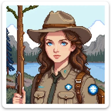 white woman park ranger with brown hair and blue eyes in a nature background sticker