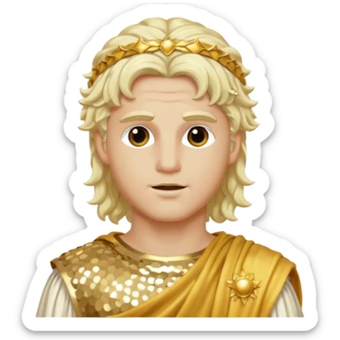Apollo, God of Sun from Roman Deities with long platinum blonde wavy hair, gold sequin toga sticker