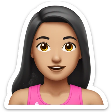 White girl with black hair and brown eyes going for a run in pink gym outfit sticker