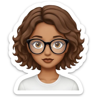 A light brown skin girl with wavy hair and black glasses with light brown eyes and long eyelashes sticker