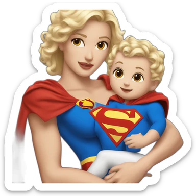 mother white skin light brown hairs dressed as Superman with a cape holding a blondbaby sticker