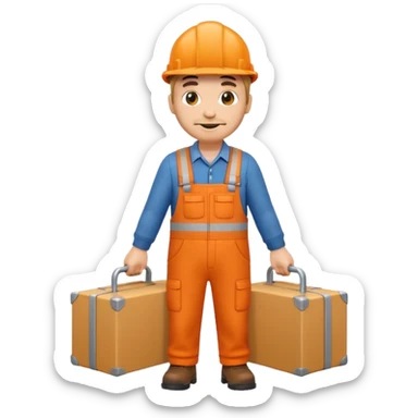 emoji style railway engineer full body in orange overalls, carrying a box in front of them sticker