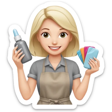 female nail master with buff and gel polish in hand in grey apron  sticker