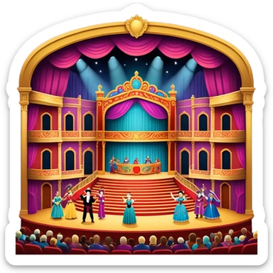 An icon showing a grand theater stage with actors performing in a vibrant play, surrounded by dramatic lighting. The audience watches from colorful balconies, adding to the lively atmosphere. The design captures the magic of live theater, set against a transparent background. sticker