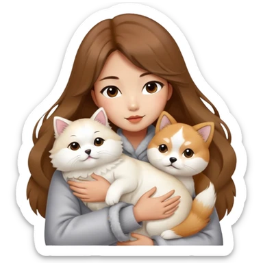 A Chinese fashion girl with brown hair, wearing a light gray fur coat, hugging a Shiba Inu and a long-haired white Persian cat. sticker