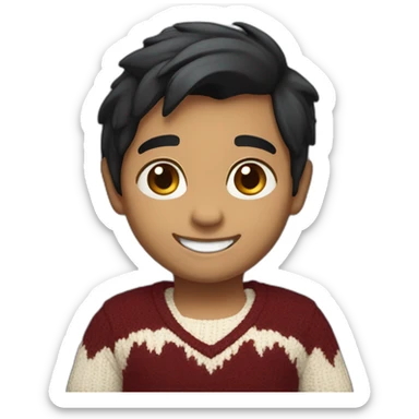 smiling and pointing 3 years old white skin indian with black hair wearing a dark red sweater sticker