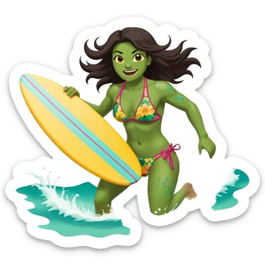ork female holding small yellow bodyboard, running through shallow turquoise waves, muscular green body, bright floral bikini, fierce joyful grin showing tusks, long wet dark hair splashing, foam and spray, minimalist beach and ocean background, centered emoji, vibrant summer colors, sticker style sticker