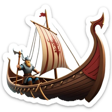 clash-of-clans-aesthetic_-cinematic-viking-longboat, rendered in a flat, bold vector style with minimal shading, featuring a striking dragon-headed prow slicing through waters. shields on the side and vikings rowing The longboat’s, the boat has carved motifs evoke a sense of epic adventure and Nordic might, with billowing sails catching a dramatic, stormy sky backdrop. sticker