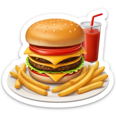 i want a Cheeseburger and Fries with a angle to 15–20° gentle bird’s-eye angle with Sause on white plate  sticker