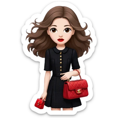 White girl with brown long hair dressed up in black chanel tweed dress with a red chanel bag and red lipstick. Close up with wind blowing her hair looking fancy sticker