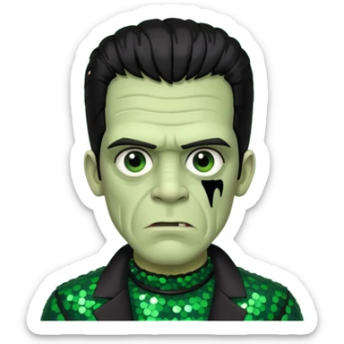 Frankenstein with black hair, dark green sequin outfit sticker