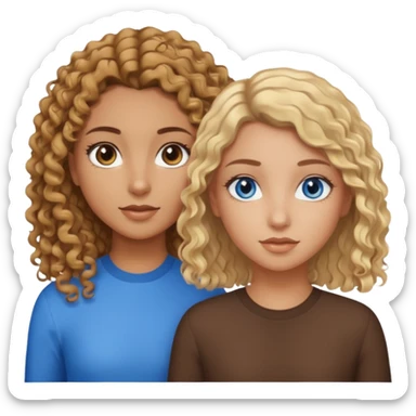 Tan girl with brown curly hair and brown eyes next to a tan girl with straight blonde hair and blue eyes sticker