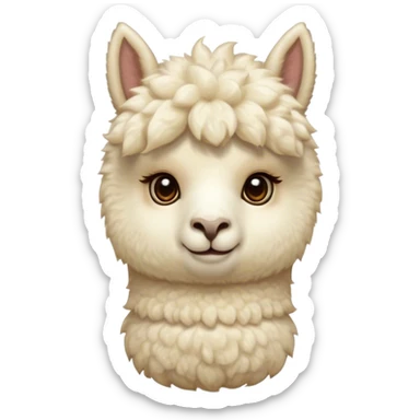 Cinematic Cute Cream Alpaca Portrait Emoji, Head tilted playfully and inquisitively, featuring a fluffy, cream fleece with a natural sheen, round, sparkling gentle eyes filled with curiosity, Simplified yet irresistibly adorable features, highly detailed, glowing with a warm, friendly glow, high shine, affectionate and gentle, stylized with a touch of whimsy, bright and endearing, soft glowing outline, capturing the essence of a mischievous yet loving alpaca, so playful it feels like it could prance out of the screen and into your arms! sticker