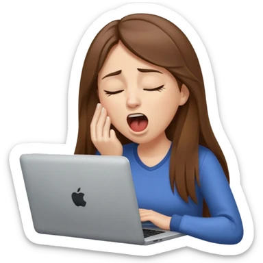 brown hair woman with long straighrt hair holding laptop and yawning from tiredness. looking tired sticker