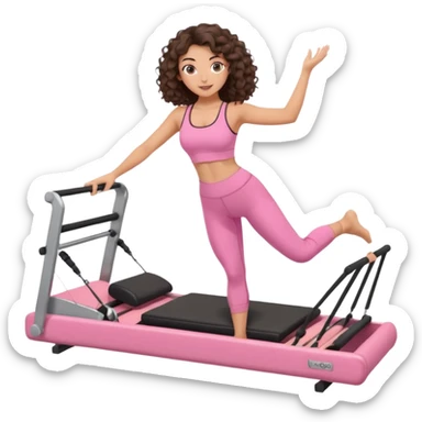 brunette,curly hair shoulder lenght,turkish,beautiful,with some eyelined eyes, 3b girl doing reformer pilates with pink pilates cutesy set,on reformer machine,making different moves. sticker