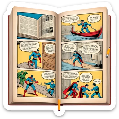 Create a detailed emoji representing the process of writing texts for comic books. The design should feature a large, open comic book with vintage comic strips visible on its pages. A pencil should be shown writing text on one of the comic panels, but without a hand. The pencil should appear as though it is actively creating the dialogue or narration. Use a classic color palette with muted tones for the comic book and brighter accents on the pencil to draw attention to the writing process. Do not include any emojis or smiley faces. Make the background transparent. sticker