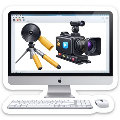 Create an emoji of video editing. Should feature a video editing timeline or interface on a computer screen, showing clips and a playhead. Include a video camera and editing tools. No any smiley faces in emoji. Make the background transparent. sticker