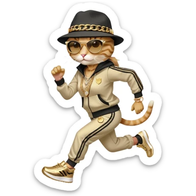 female cat running wearing Run DMC hip-hop outfit, tracksuit, fedora, Adidas shoes, dark sunglasses, lots of gold chains, bling accessories sticker