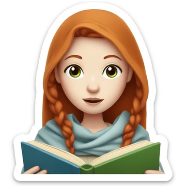 Redhead girl with pale skin and blue eyes covered in a blanket reading a book sticker