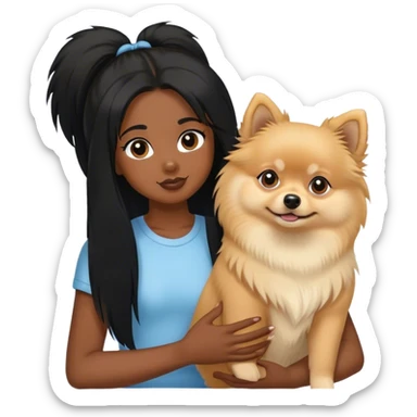 Pomeranian male dog and black girl with long hair holding him  sticker