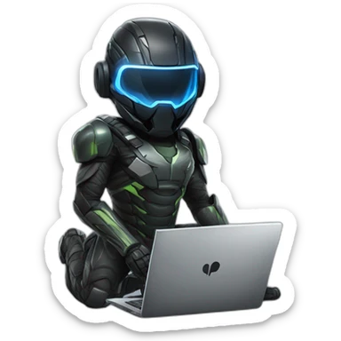 Boy developer behind his laptop with this style : Crytek Crysis Video game with nanosuit character hacker themed character sticker