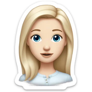 Girl with dirty blonde, straight hair medium length past shoulders , blue/grey eyes with semi long lashes, pale but not albino, freckles mostly on and around the nose, button nose, not thick but not thin lips with a small cupids bow shape, facing front on with shoulders and up wearing a light pink coquette emoji
 sticker