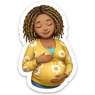 pregnant black woman with dread lock hair happily touching her big belly while wearing casual shirt and yellow warm  flowery cardigan closing her eyes and smile wamrly sticker