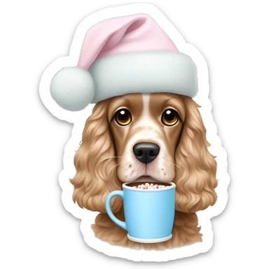 cocker spaniel in a soft pink christmas hat sipping hot cocoa in a baby blue mug with marshmallows  sticker