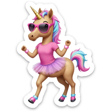 friendly anthropomorphised female unicorn with horse-like face, in tutu and pink t-shirt, wearing dark sunglasses, jogging upright in standard pose sticker