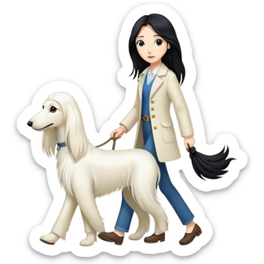 A girl with long black hair walks a white Afghan hound sticker